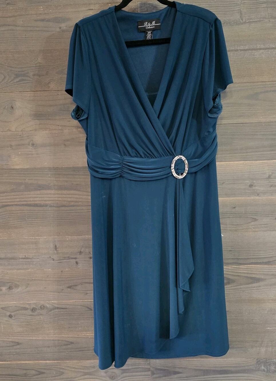 R&M Richards Collection Women's 20W Teal Faux Wrap Dress Rhinestone Buckle Plus